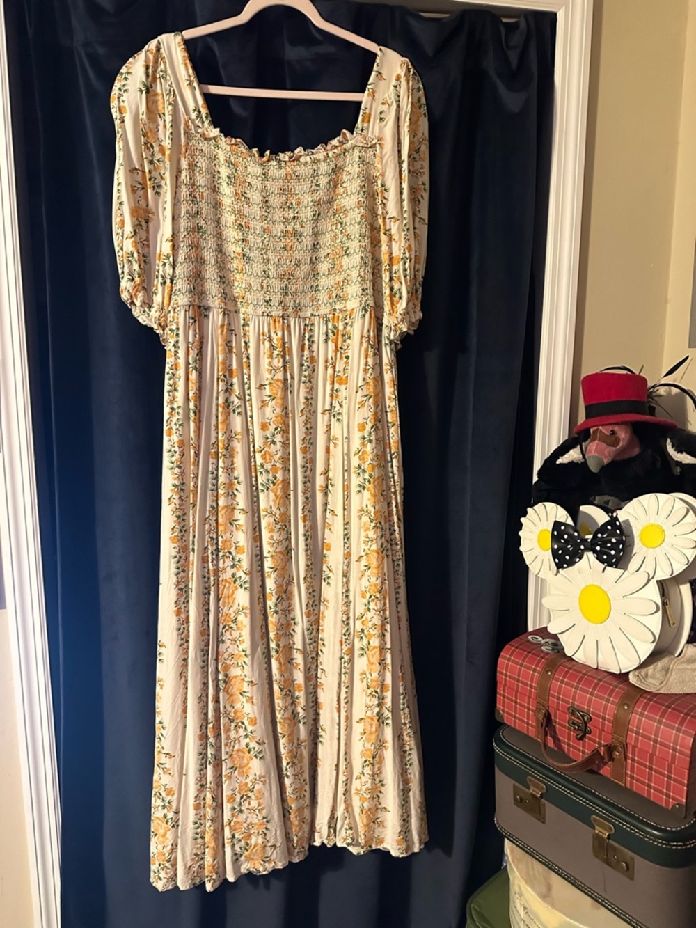 Cream Floral Smocked Maxi Dress with Puff Sleeves
